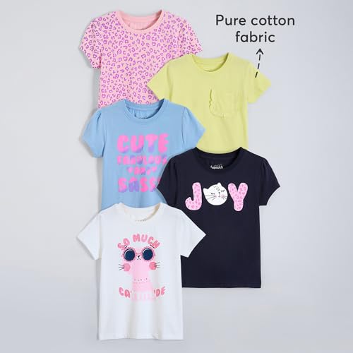 Hopscotch Girls Short Sleeves Multi 5-Pack Text Cotton T-Shirts for Ages (3-4 Years)