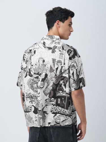 The Souled Store Wagara Men and Boys Short Sleeves Collared Neck Button Front All Over Printed Cotton Lightweight Streetwear Oversized Holiday Shirts