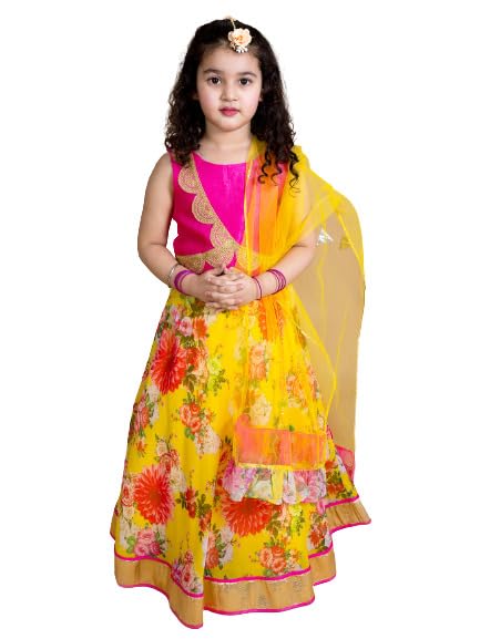 Pspeaches Girl's Yellow Pink Embroidered Polyester Readymade Lehenga Choli Set(Yellow-5-6Y)