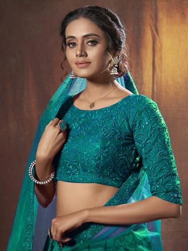 Zeel Clothing Thread Sequins Embroidery Work Soft Net Semi-Stitched Lehenga Choli Set With Dupatta (6017-Teal-Green-Women-Lehenga-Choli-New; Free Size)