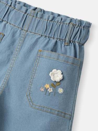Nautinati Girls' Crochet Flowers Cotton Denim Jeans with Patch Pockets Blue