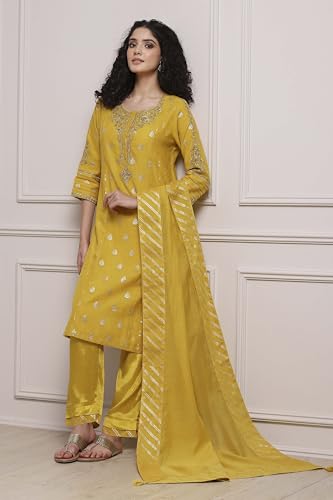 Biba Women Lime Cotton Blend Straight Yarndyed Suit Set_46