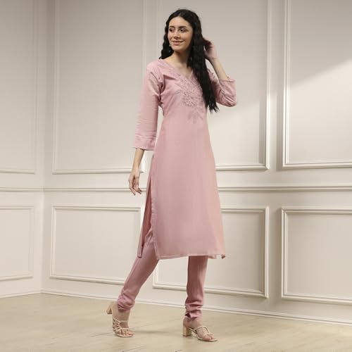Biba Women Dusky Pink Chanderi Applique Unstitched Suit Set_FREE SIZE