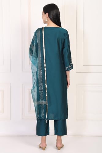 W for Woman Turquoise Embroidered Zari Sequined Straight Silk Blend Kurta with Straight Pant and Dupatta Set (WS13398-126896-M)