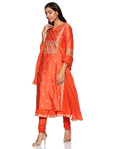 BIBA Women Synthetic YARNDYED FITTED SALWAR KURTA DUPATTA(SKDPRET COL6180_ORANGE_34)