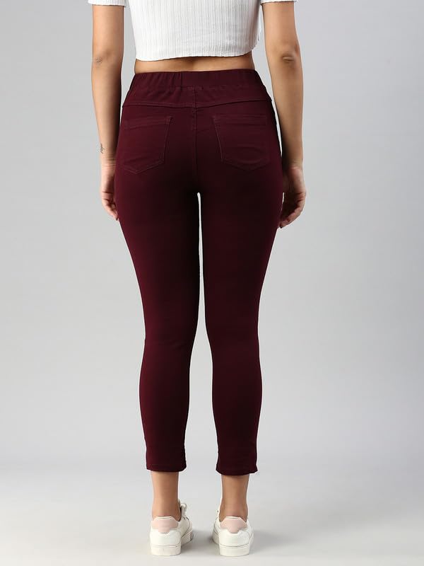De Moza Women Jegging Woven Bottom Solid Cotton Wine