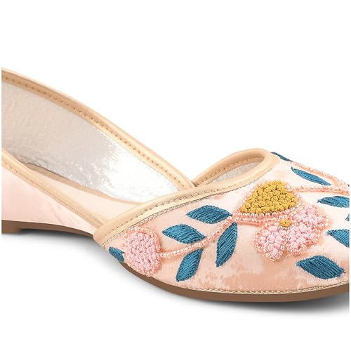 Froh Feet Ethnic Jutti for Women Traditional Handmade Fulkari Jutti Slip-On Shoes Bellies for Women Wedding party Festival Occasion - Peach