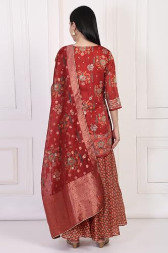 W for Woman Red Floral Printed Embroidered Straight Jacquard Kurta with Sharara and Dupatta Set (WS13290-126813-M)