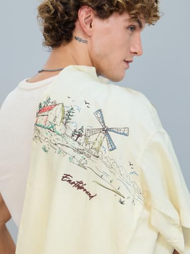 The Souled Store Earthbound Hawaiian Shirt: Men and Boys Short Sleeves Collared Neck Embroidered Cotton Blend Oversized Casual Shirt |Cream, XS