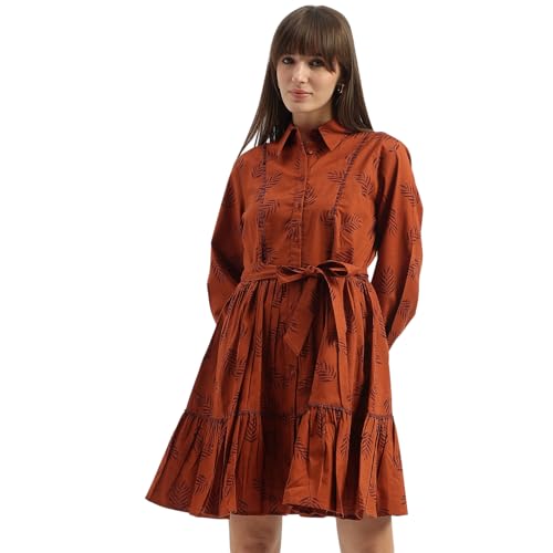 UNITED COLORS OF BENETTON Shirt Collar Leaf Tiered Dress (Size: S)-25P4WVDRS164I902 Brown