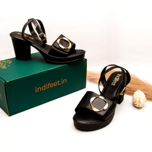 Indifeet Heels for Women Woman Stylish Velcro Sandals Ladies Latest Block Heel Chappals Girls Comfortable Party Sandal Female Fancy Buckle Chappal Footwear Women’s Trendy Fashion Slippers Black