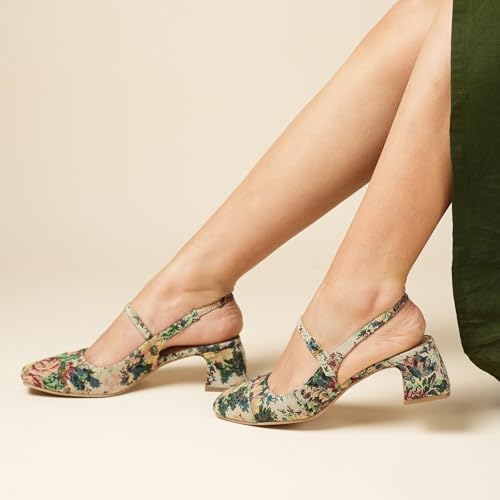 Theater Women Twiggy Multi-Color Floral Mary Jane Heels | Square Toe Slingback Block Heel Sandals with Adjustable Strap | Comfortable & Stylish Shoes for Office, Party & Casual Wear