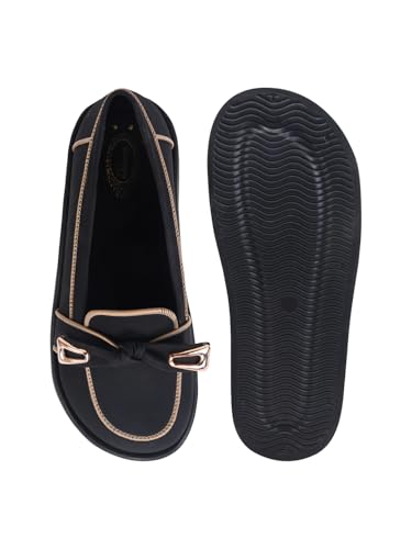 Shoetopia Women’s Black Platform Loafers || Stylish Slip-On Casual Shoes with Metal Detail || Comfortable Everyday Footwear EU39