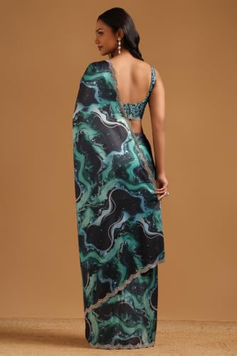 Soch Womens Blue Satin Abstract Saree With Stone Work