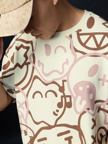 The Souled Store Smiley: All The Feels Men and Boys Short Sleeves Round Neck Off White All Over Printed Casual Lightweight Drop Shoulder Streetwear Trendy Cotton Oversized T-Shirt
