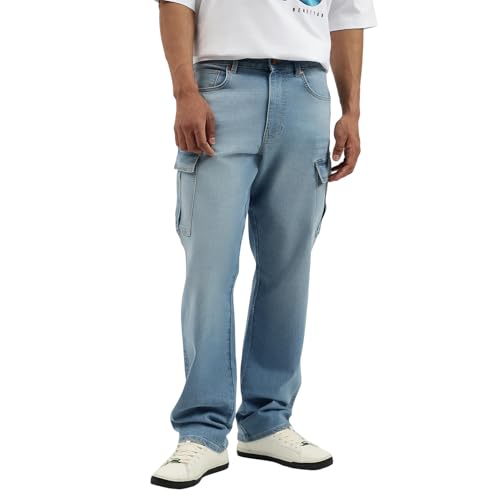 United Colors of Benetton Solid Comfort Fit Ice Wash Cargo Jeans (Size: 40)-25A4MBOO5024I901