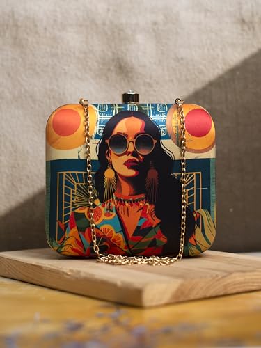Artklim Multicolor modern Women Printed Funky Sling Bag for Girls - Box Clutch with Detachable Golden Strap - Ethnic Statement Bag