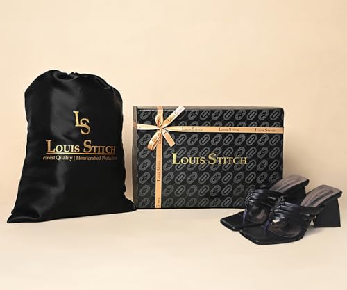 LOUIS STITCH Women’s Fashion Black Slip-On Block Heel Sandals | Weaved T-Strap Stylish Heel Sandal for Ladies, Fashionable and Comfortable Sandal| LDBH-WESTJB | UK-6