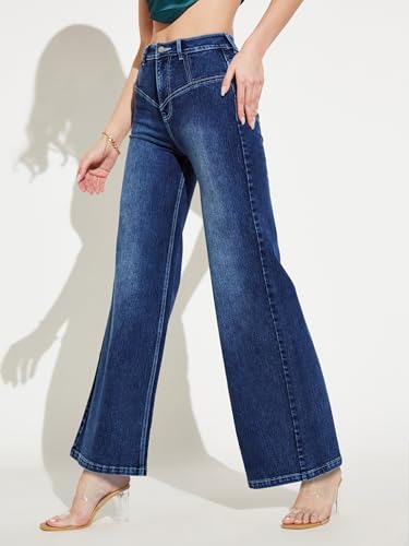 Miss Chase Women's High Rise Clean Look Regular-Length Stretchable Denim Wide-Leg Shaping Jeans (MCAW25DEN62-56-458-32, True Blue, 32)