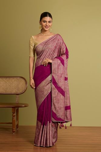 Taneira Women Purple Viscose Embroidered Saree with Unstitched Blouse Piece (SAIP01AC1417-Purple)