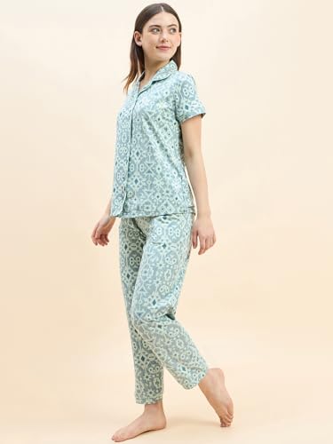 Sweet Dreams Women's Cotton Blend Geometric Pajama Set Pack of 2 (2114AXCO Green S)