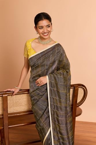 Taneira Women Brown Pure Tissue Organza Hand Painted Embroidered Saree with Unstitched Blouse Piece (SAIP01AC1418-Brown)