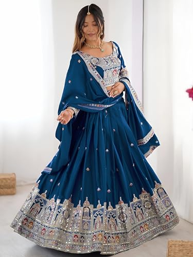Zeel Clothing Women's Sequins Thread Embroidered French Crepe Lehenga Choli With Dupatta (5118-Dove-Blue-Women-Lehenga-Choli; Free size) (Dove Blue)