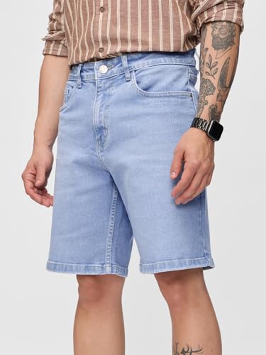 The Souled Store Denim: Stormy Blue Men and Boys Buttoned Cotton Blend Knee Length Denim Shorts