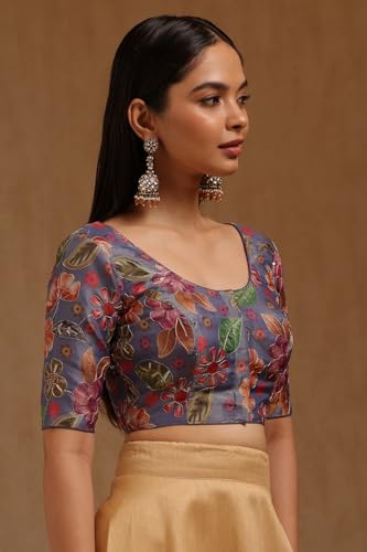 Soch Womens Blue Tissue Floral Print Padded Blouse with Sequins