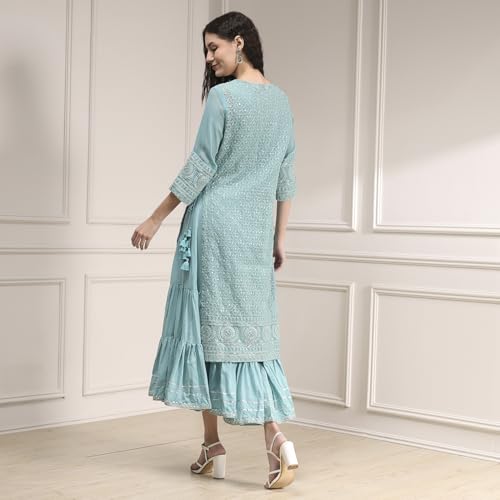 Biba Women's Cotton Blend Embroidered Straight Kurta (SKDMWR10867AW25POBL_Powder Blue