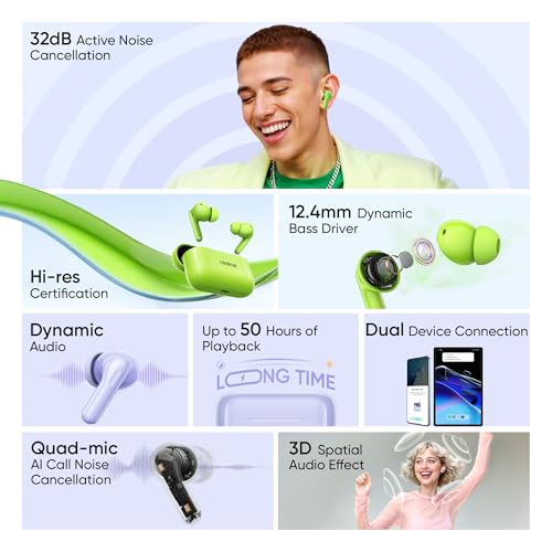 realme Buds T200 True Wireless Earbuds with Hi-Res Audio, 12.4mm Dynamic Bass Drivers, 32 dB ANC, Quad Mic, 45ms Latency, Upto 50 Hrs Playback, Fast Charge, IP55 Rated, BT 5.4 (Mystic Grey)