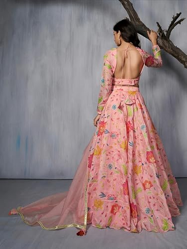 Zeel Clothing Women's Print and Dori Embroidered Organza Designer Lehenga Choli with Dupatta (7074-Pink-Womens-Lehenga-Choli-Latest; Free Size) (Pink)