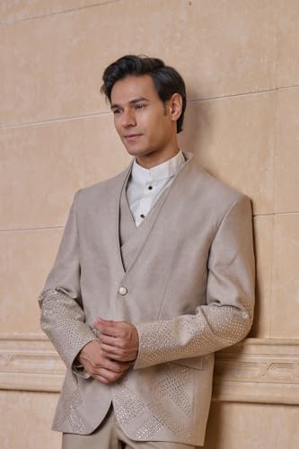TASVA Beige Jacquard Dinner Jacket Set