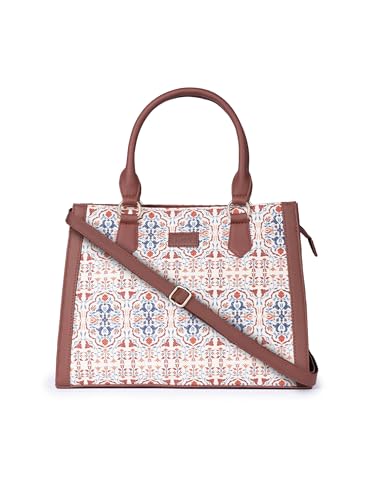 ZOUK Agra Floral Printed Jute Handcrafted Vegan Leather White Women's Satchel Bag | Ladies Purse Handbag | Double Handle Detachable Strap