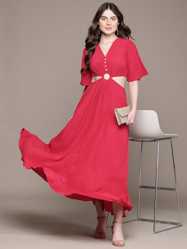 Label RITU KUMAR V Neck Solid Long Dress Red
