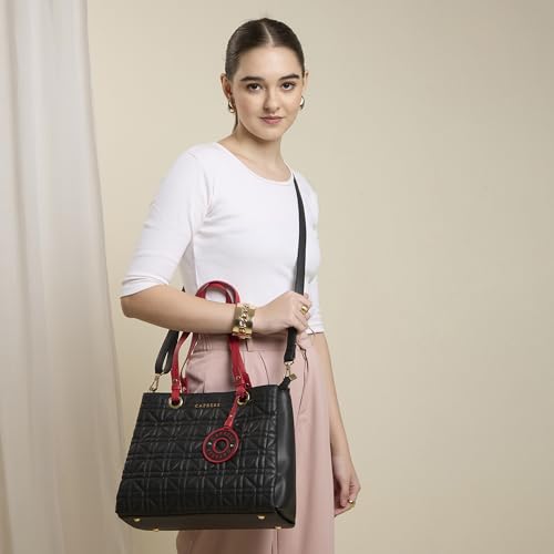 Caprese Aimee Large Quilted Faux Leather Satchel Bag for Women | Dual Closure, Multi-Compartment Shoulder & Crossbody Handbag with Detachable Strap | Perfect for Work, Travel & Shopping (Black)