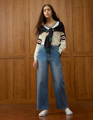 U.S. POLO ASSN. High Rise Wide Leg Cargo Jeans (UWAW25JEN374_Mid Blue Khaki Tint_32)