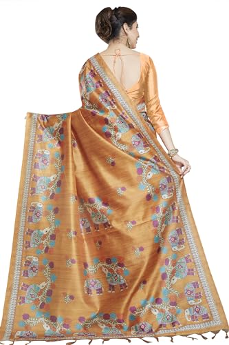 RANI SAAHIBA Women's Printed Art Tussar Silk Madhubani Saree With Blouse Piece (SKR11580_Rust)