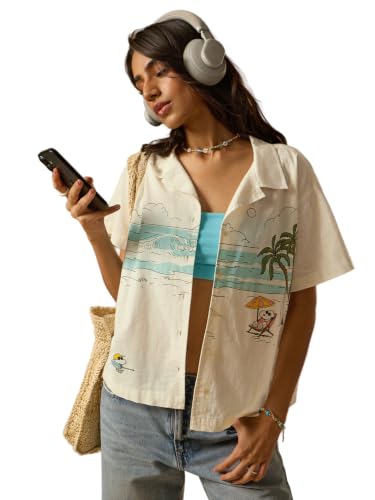 The Souled Store Peanuts: The Beach Women and Girls Short Sleeve Cuban Collar Off White Graphic Printed Cotton Regular Fit Breathable Resort Collar Shirt for Casual Wear
