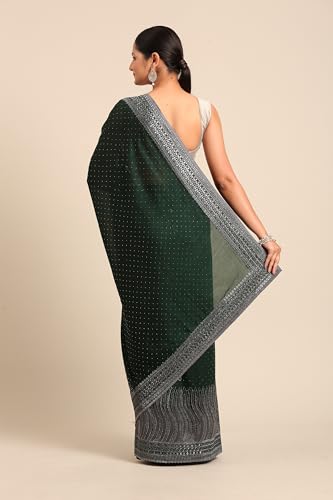 MOHEY Women's Art Silk Wave Patterned Rhinestone Embellished Saree (Bottle Green)
