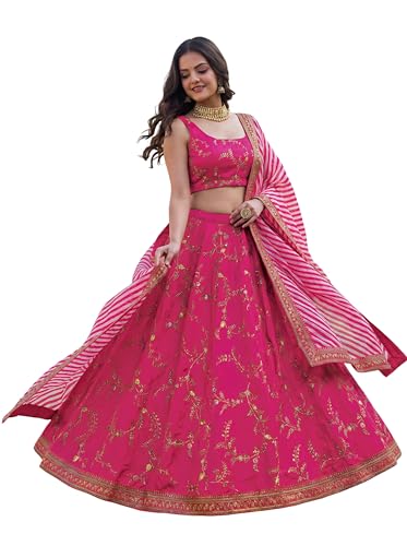 Zeel Clothing Women's Sequins Thread Embroidered Silk Lehenga Choli With Dupatta (7025-Pink-Women-Lehenga-Choli-Set, Free size)