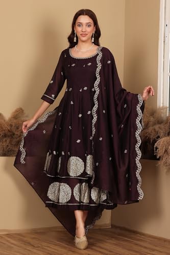 W for Woman Purple Floral Printed Dori Embroidered Chanderi Flared Kurta with Mock Layer and Dupatta Set (Size: M)-24AUWS11194-124358