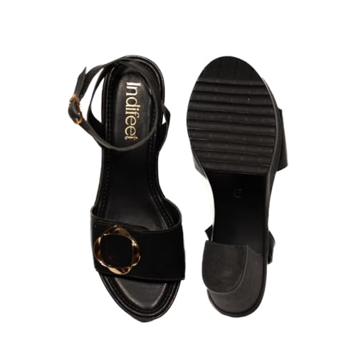 Indifeet Heels for Women Woman Stylish Velcro Sandals Ladies Latest Block Heel Chappals Girls Comfortable Party Sandal Female Fancy Buckle Chappal Footwear Women’s Trendy Fashion Slippers Black