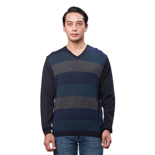 Park Avenue Men's Regular Fit Acrylic Wool Blended Stripe Pattern V Neck Full Sleeve Casual Sweater (Size: 85)-Pcwa00268-B9,Blue