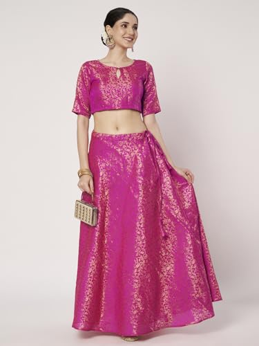 studio rasa Women's Brocade Floral Bias Skirt for Wedding Festive Party (SKTC72519L_Pink_Large)