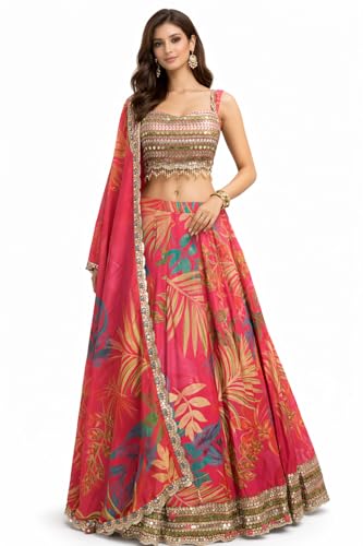 SRV- Women's Pink Tropical Print Lehenga Choli Set