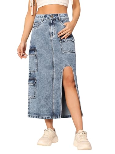 Dolce Crudo Women's Flared High-Rise Stretchable Denim Maxi Skirt (DOSS24DEN79-05-329-38, Steel Blue, 3XL)