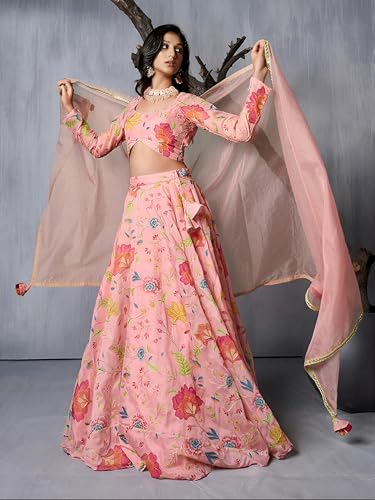 Zeel Clothing Women's Print and Dori Embroidered Organza Designer Lehenga Choli with Dupatta (7074-Pink-Womens-Lehenga-Choli-Latest; Free Size) (Pink)