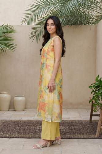 W for Woman Yellow Floral Printed Straight Kurta with Flared Pant and Dupatta Set - (WS13684-126969-M)