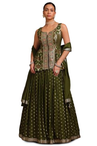 Soch Womens Olive Brocade Woven Design Ghagra Choli With Cutdana